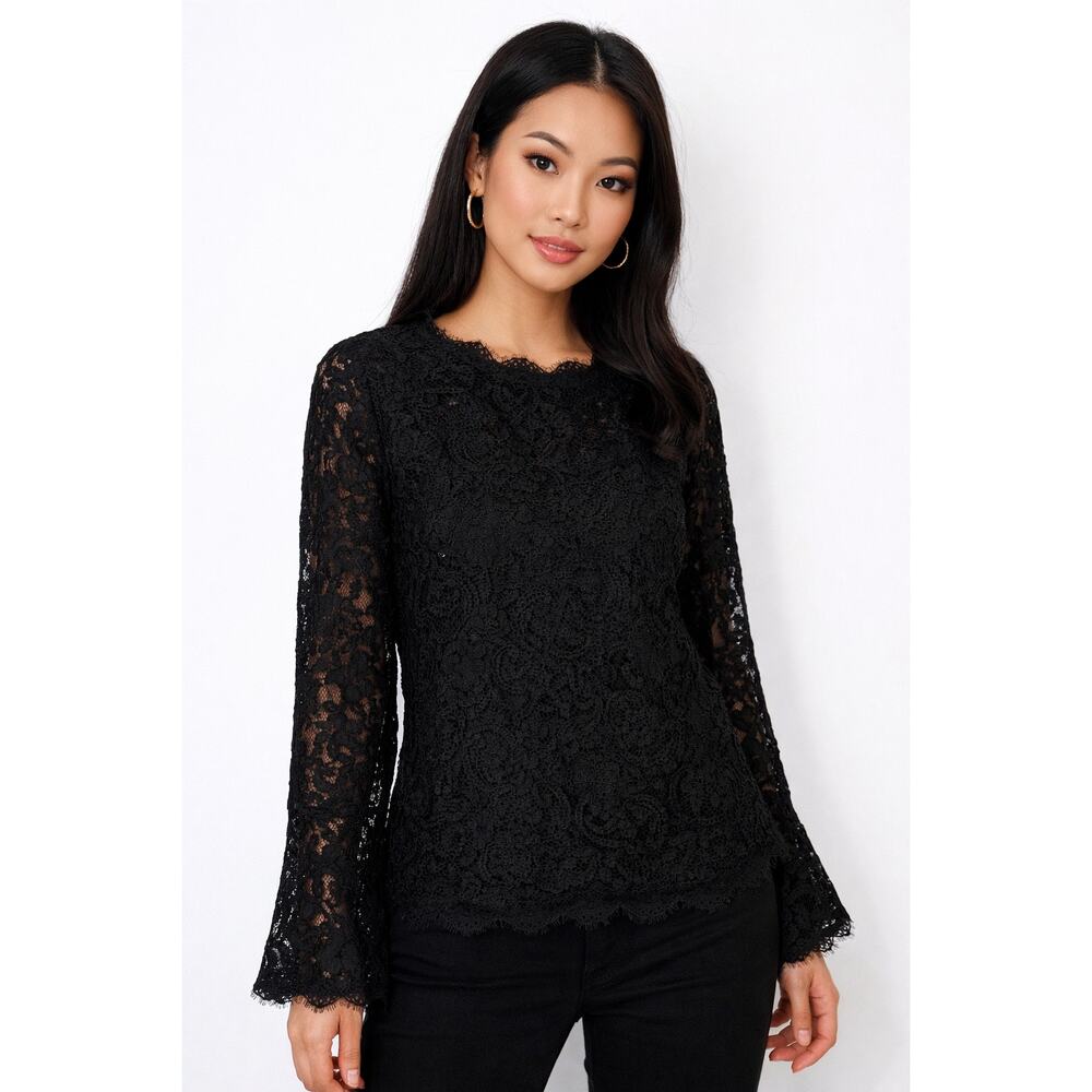 Soft Surroundings Black Lace Long Sleeve Top Sheer Floral Lace Size S